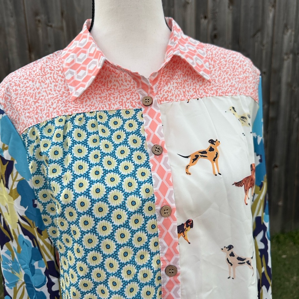 Boho-Geometric Patterned Button-Up Shirt Euc - image 2